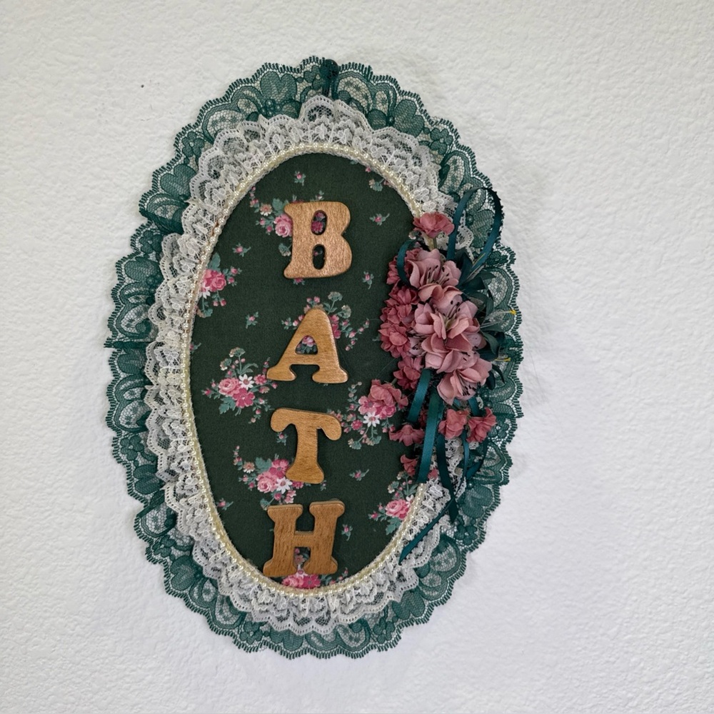 Vintage Wall Bath Decor Sign Handmade Green Pink Pearly Lace Cottage Granny Core